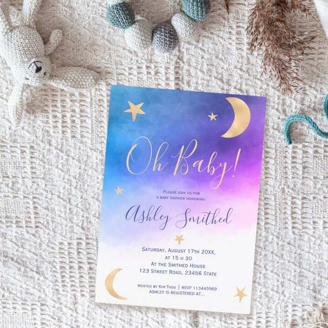 Cute gold moon stars pink watercolor baby shower invitation (Creator Uploaded)
