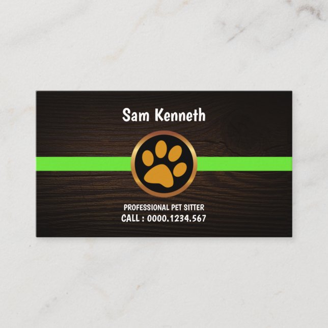 Cute Gold Paw Print Wood Grain Pet Sitter Business Card (Front)