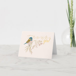 Cute Gold Pink Chickadee Bird Hearts Floral Print Thank You Card