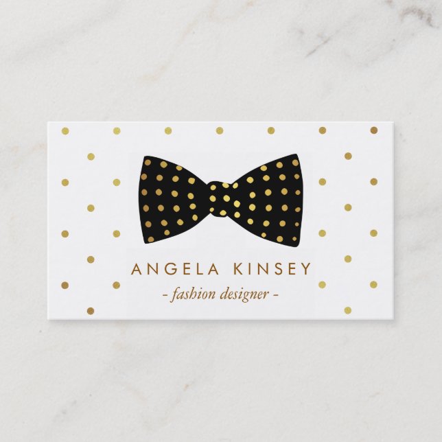 Cute Gold Polka Dots Ribbon Bow Business Card (Front)
