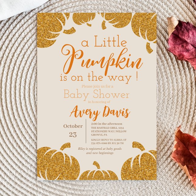 Cute Gold Pumpkin Autumn Modern Baby Shower Invitation (Creator Uploaded)