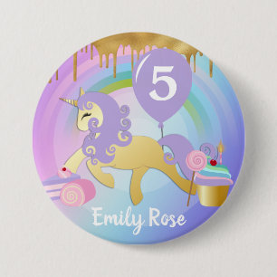 Cute Gold & Purple Unicorn Treats Birthday 7.5 Cm Round Badge