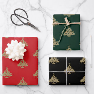 Cute gold red dark green and black Christmas Trees Wrapping Paper Sheet