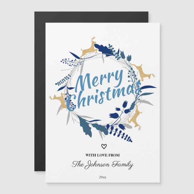 Cute Gold Reindeer Floral Christmas Wreath Magnet (Front/Back)