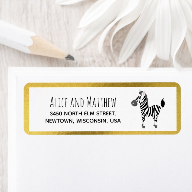 Cute Gold Safari Zebra Baby Shower Return Address (Insitu)