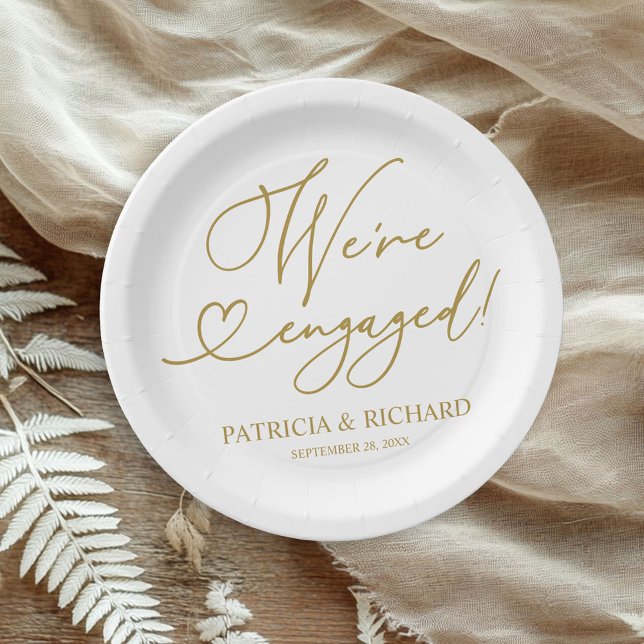 Cute Gold Script We're Engaged Engagement Party Paper Plate (Creator Uploaded)