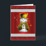 Cute Gold Snowman on Red Christmas Card<br><div class="desc">A cute golden snowman, dressed in gold velvet vest and top hat, with stars and bows around him, on a metallic red background. He is framed by red velvet (printed only) and white Christmas Santa suit fur. The message inside reads, "Wishing you a very merry Christmas and a happy New...</div>