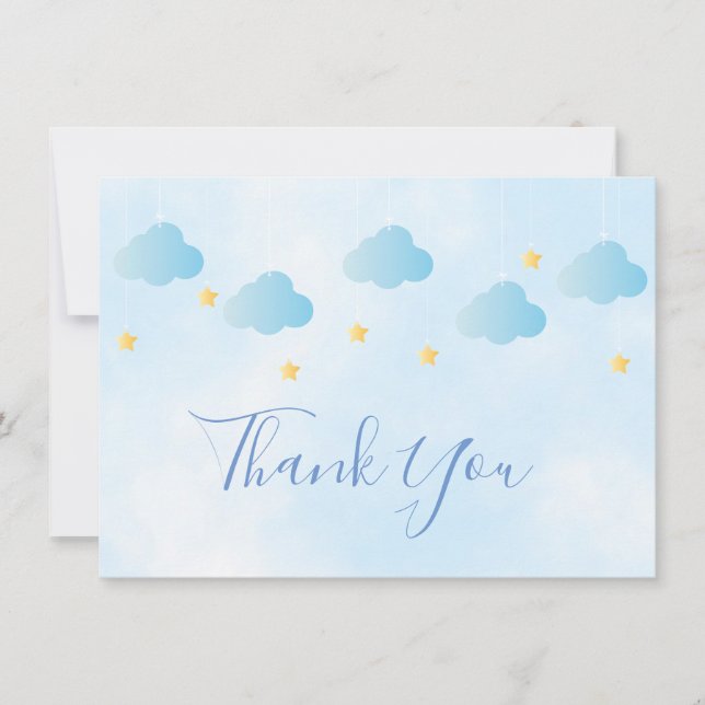 Cute Gold Stars Blue Clouds Script Thank You Card (Front)