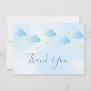 Cute Gold Stars Blue Clouds Script Thank You Card