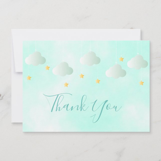 Cute Gold Stars Green Clouds Script Thank You (Front)