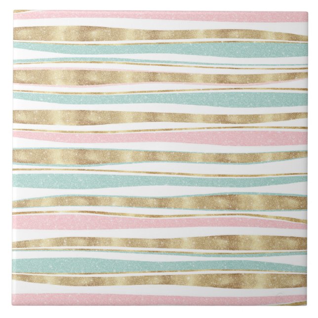 Cute Gold Stripes Doodles Pink Design Tile (Front)
