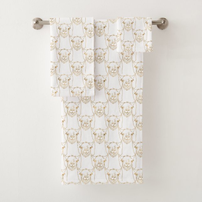 Cute Gold Strokes Llama Animal White Pattern Bath Towel Set (Insitu)