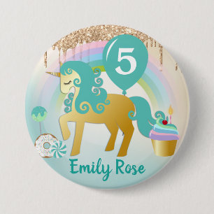 Cute Gold & Teal Unicorn Treats Birthday 7.5 Cm Round Badge
