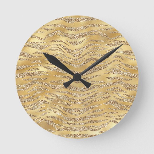 Cute Gold Tiger Skin Print Pattern Animal Lover Round Clock (Front)