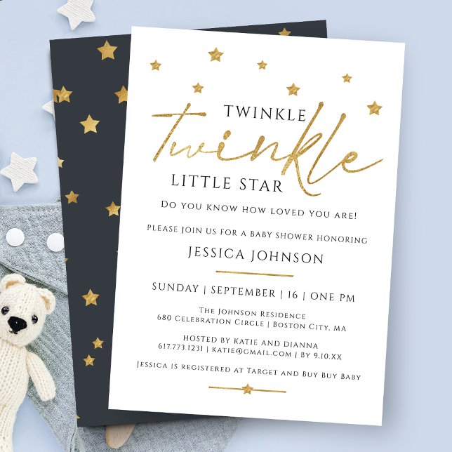 Cute Gold Twinkle Twinkle Little Star Baby Shower Invitation (Creator Uploaded)