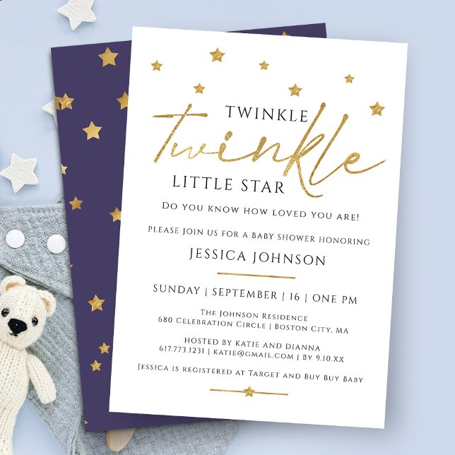 Cute Gold Twinkle Twinkle Little Star Baby Shower Invitation (Creator Uploaded)