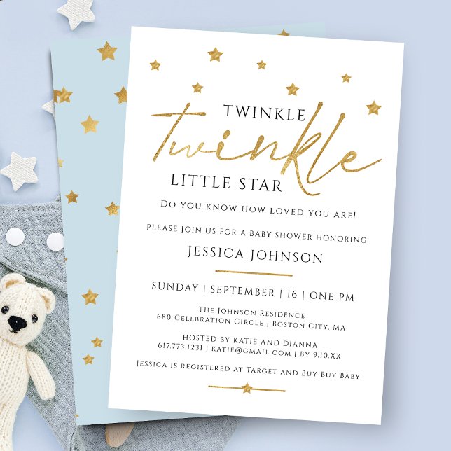 Cute Gold Twinkle Twinkle Little Star Baby Shower Invitation (Creator Uploaded)