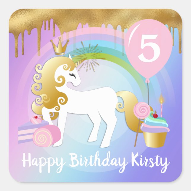 Cute Gold & White Unicorn Treats Birthday Square Sticker (Front)