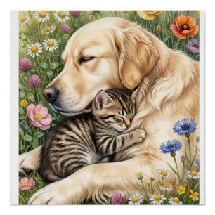 Cute Golden Dog And Kitten In Flowers Fleece Blank Poster