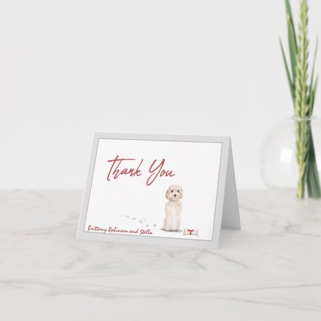 Cute Golden Doodle Dog Personalise Bone Ribbon  Thank You Card (Front)