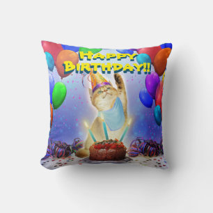 Cute Golden Festive Birthday Kitty Cushion