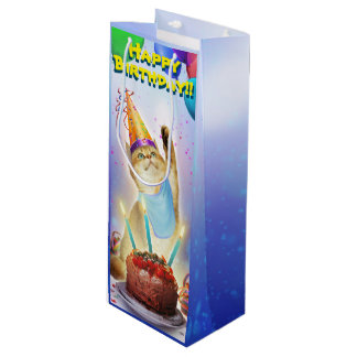 Cute Golden Festive Birthday Kitty Wine Gift Bag