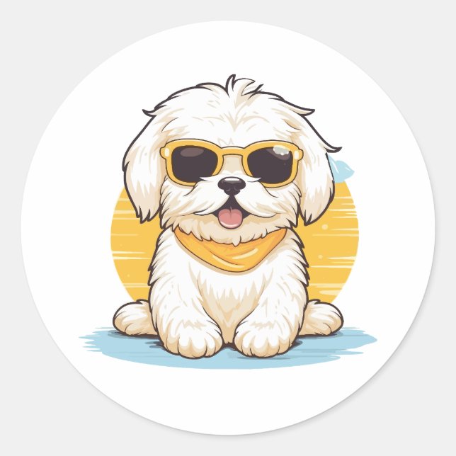 Cute Golden Maltese Dog Wearing Sunglasses Classic Round Sticker (Front)