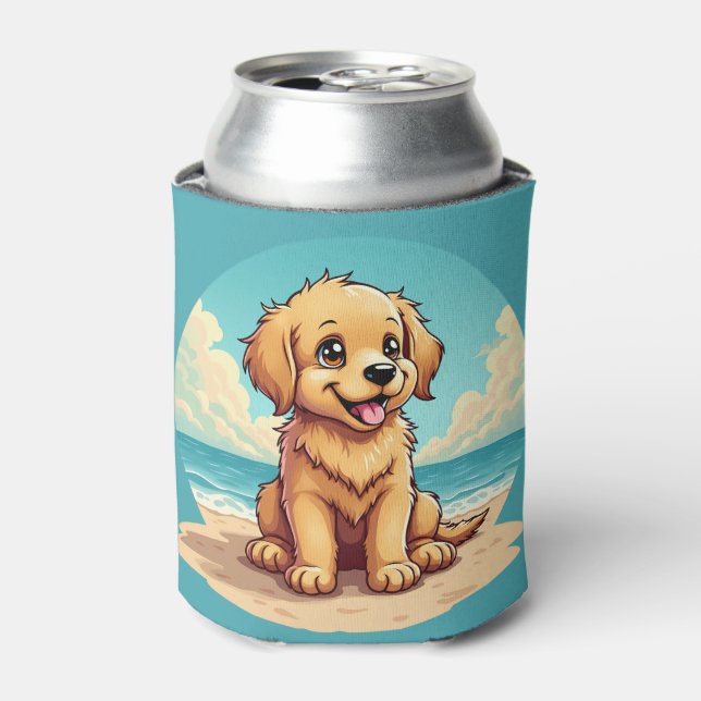 Cute Golden Puppy at Sunny Beach Scene Can Cooler (Can Front)