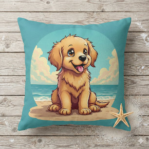 Cute Golden Puppy at Sunny Beach Scene Cushion