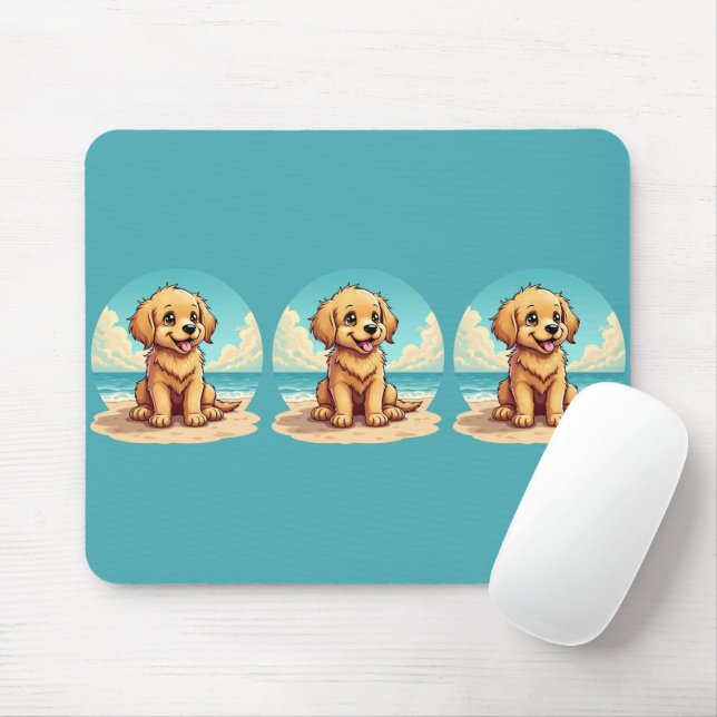 Cute Golden Puppy at Sunny Beach Scene Mouse Pad (With Mouse)