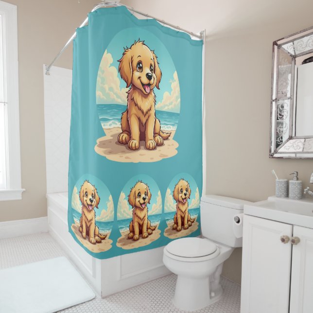 Cute Golden Puppy at Sunny Beach Scene Shower Curtain (In Situ)