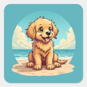 Cute Golden Puppy at Sunny Beach Scene Square Sticker