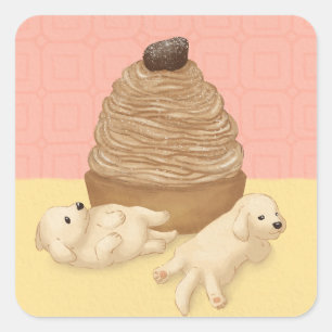 Cute Golden Retriever and Dessert Illustration Square Sticker