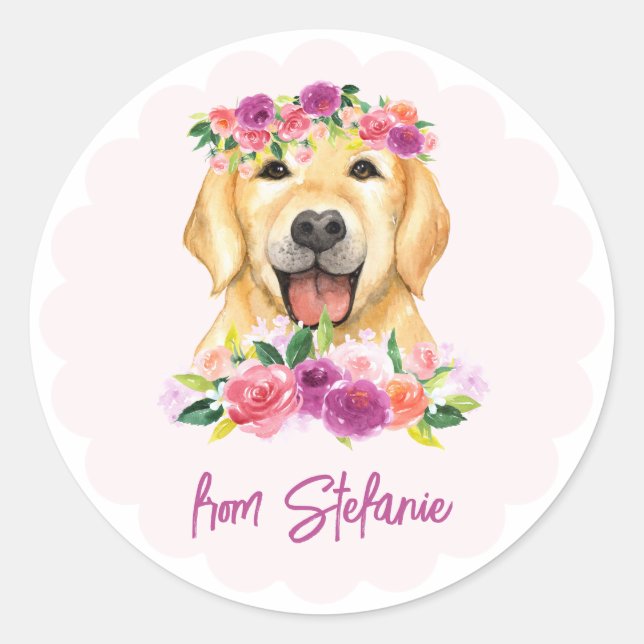 Cute Golden Retriever and Purple Flowers Birthday Classic Round Sticker (Front)