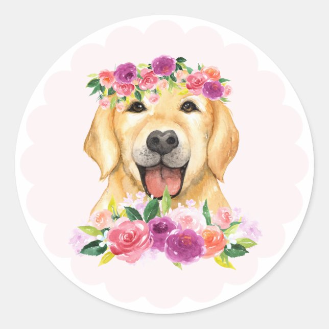 Cute Golden Retriever and Purple Flowers Dog Classic Round Sticker (Front)