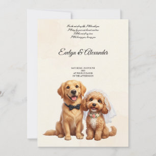 Cute Golden Retriever Bride and Groom Pink Floral  Invitation