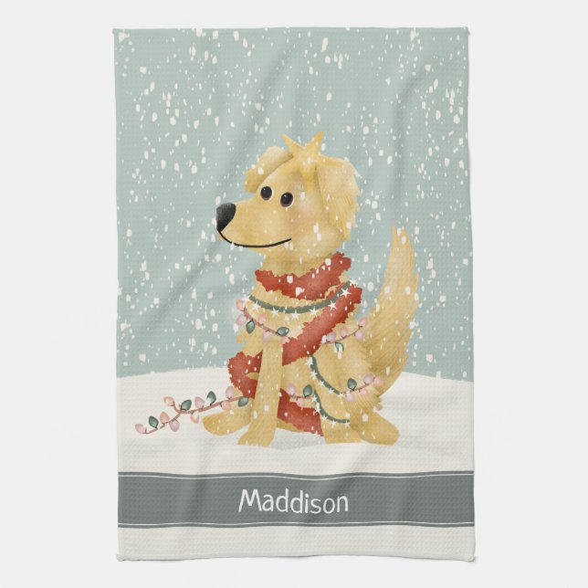 Cute Golden Retriever Christmas Family Holiday Tea Towel (Vertical)