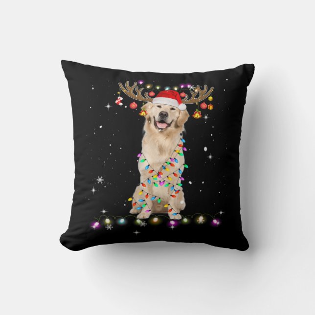 Cute Golden Retriever Christmas Lights Reindeer Cushion (Front)