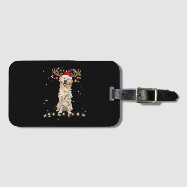 Cute Golden Retriever Christmas Lights Reindeer Luggage Tag (Front Horizontal)