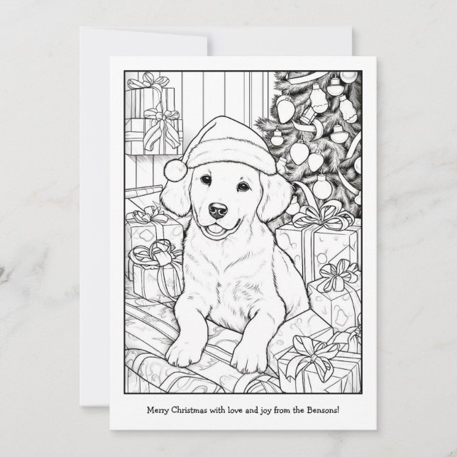 Cute Golden Retriever Dog Christmas Art Colouring Holiday Card (Front)