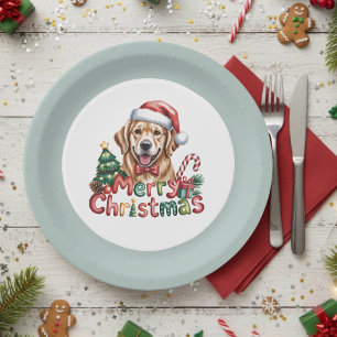 Cute Golden Retriever Dog Christmas Paper Plate
