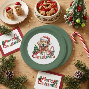 Cute Golden Retriever Dog Christmas Paper Plate
