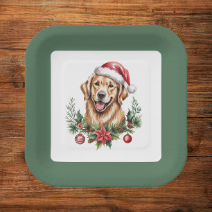 Cute Golden Retriever Dog Christmas Paper Plate