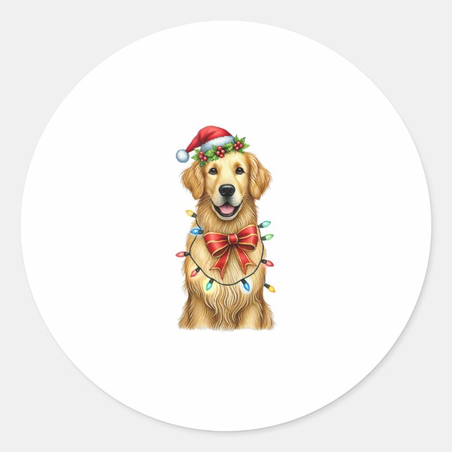 Cute Golden Retriever Dog Coquette Bow Christmas M Classic Round Sticker (Front)