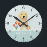 Cute Golden Retriever Dog Floral Round Clock<br><div class="desc">This cute blue clock features an adorable golden retriever puppy,  with flowers. This lovely floral design also features a place for you to add a name in simple and modern font. The perfect whimsical gift for any dog-lover,  perfect for a kids room or baby’s nursery.</div>