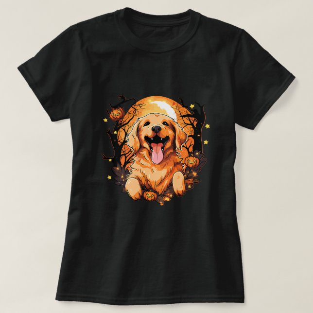 Cute Golden Retriever Dog Halloween Pumpkins and M T-Shirt (Design Front)