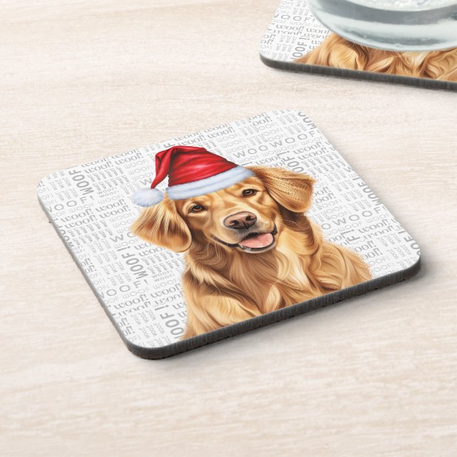Cute Golden Retriever Dog in a Santa Hat Holiday Coaster (Left Side)
