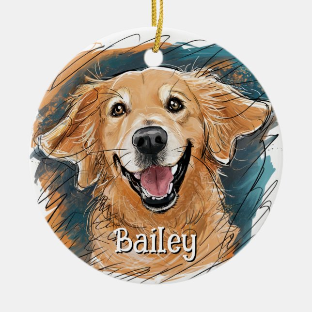 Cute Golden Retriever Dog Personalised Christmas Ceramic Tree Decoration (Front)