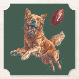Cute Golden Retriever Dog Playing Football Paper Coaster