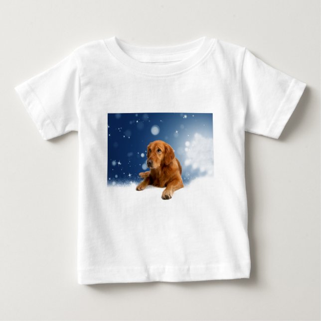 Cute Golden Retriever Dog Sitting in Snow Stars Baby T-Shirt (Front)